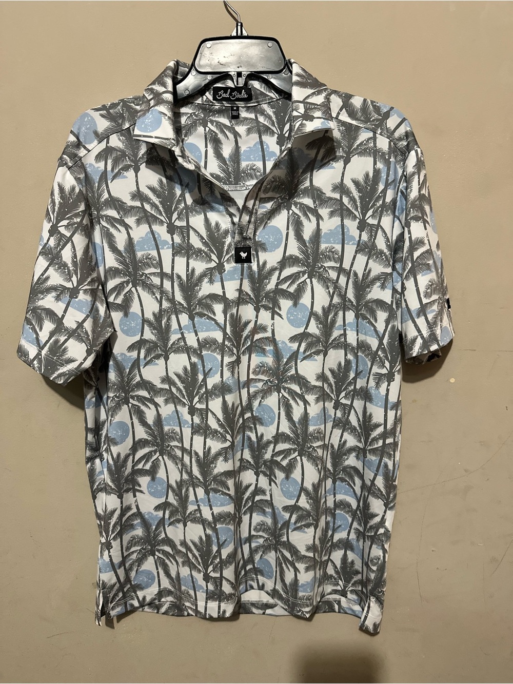 Bad‎ Birdie Polo Shirt Mens Medium White Palm Tree Geometric Golf Performance